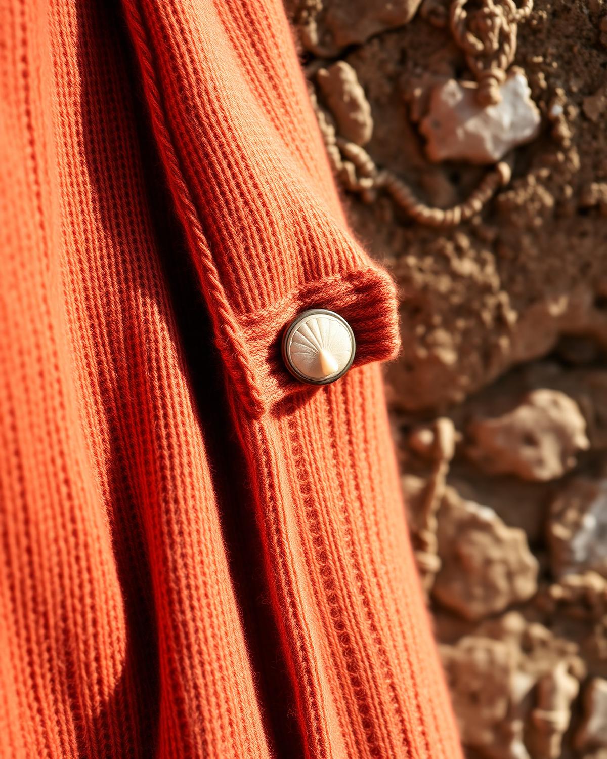 Macro detail of clay linen knit texture and shell button