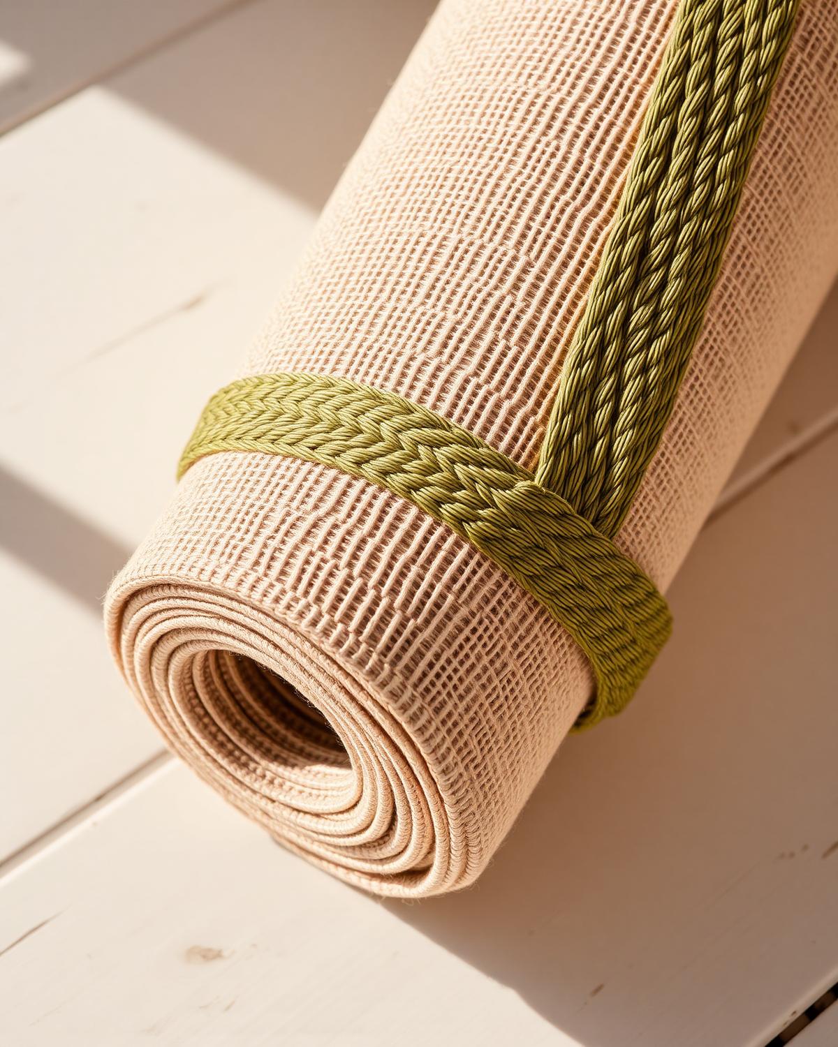 Macro detail of woven cotton mat texture and braided olive strap