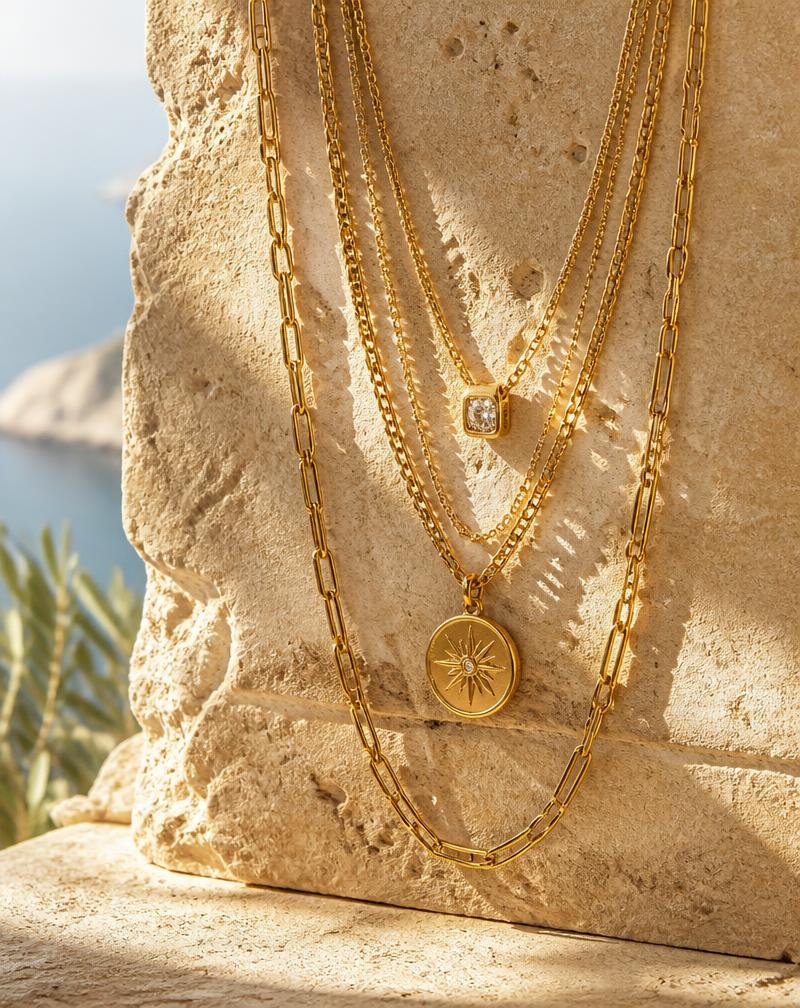 Layered gold chain necklaces on a stone wall