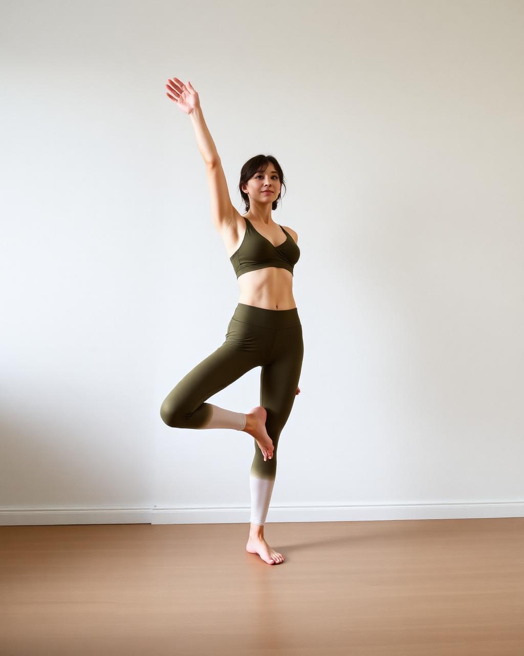 Model in ombré yoga tights fading from olive at the waist to chalk at the ankle