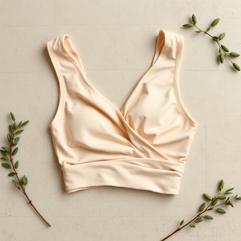 Sand beige cotton yoga wrap bra, flat lay
