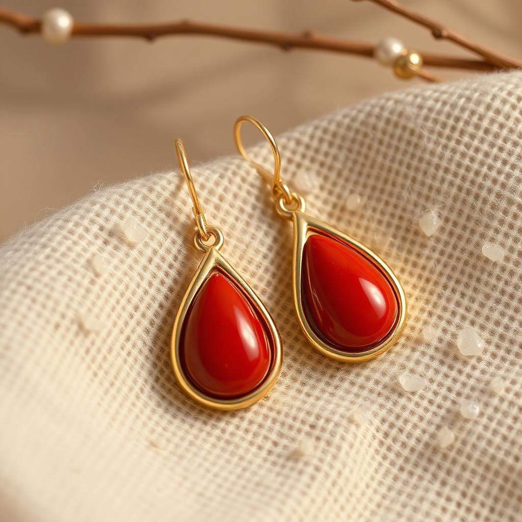Gold drop earrings with red coral stones