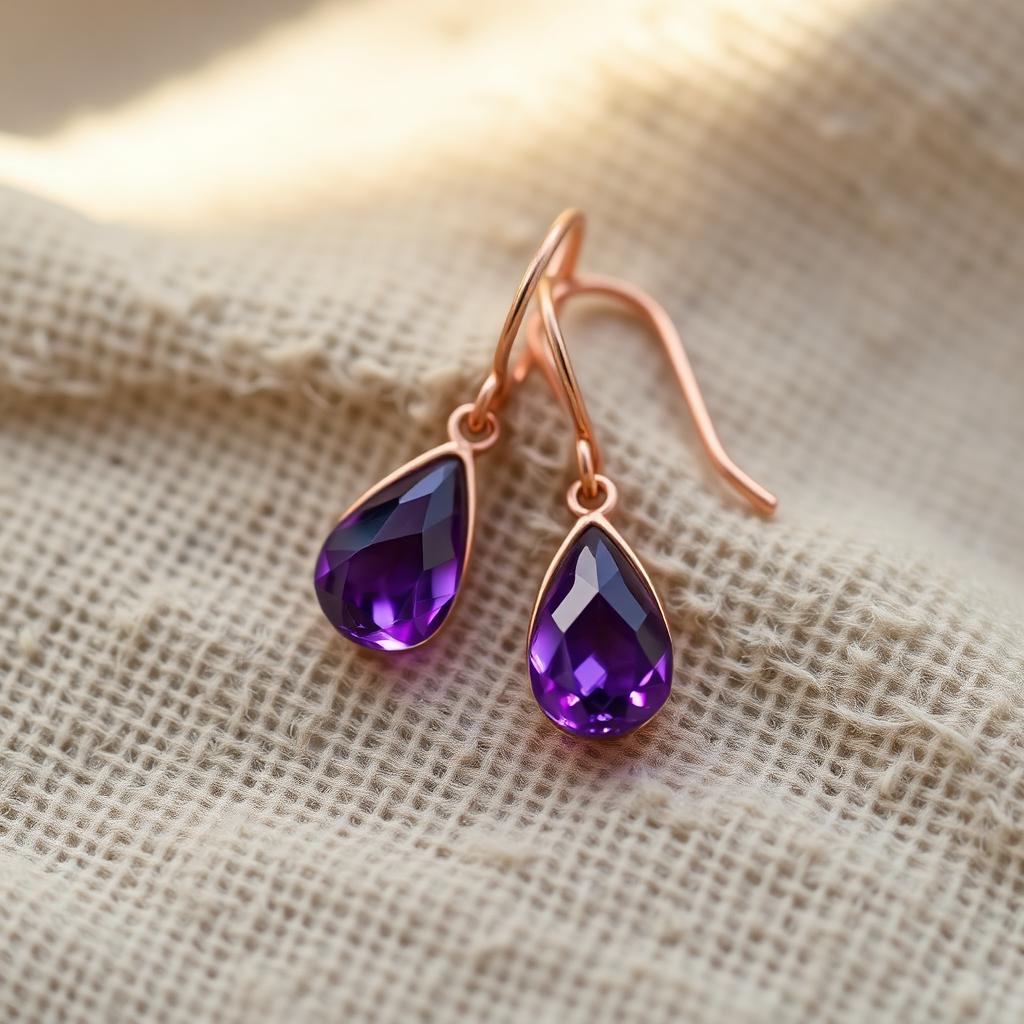 Rose gold drop earrings with amethyst stones