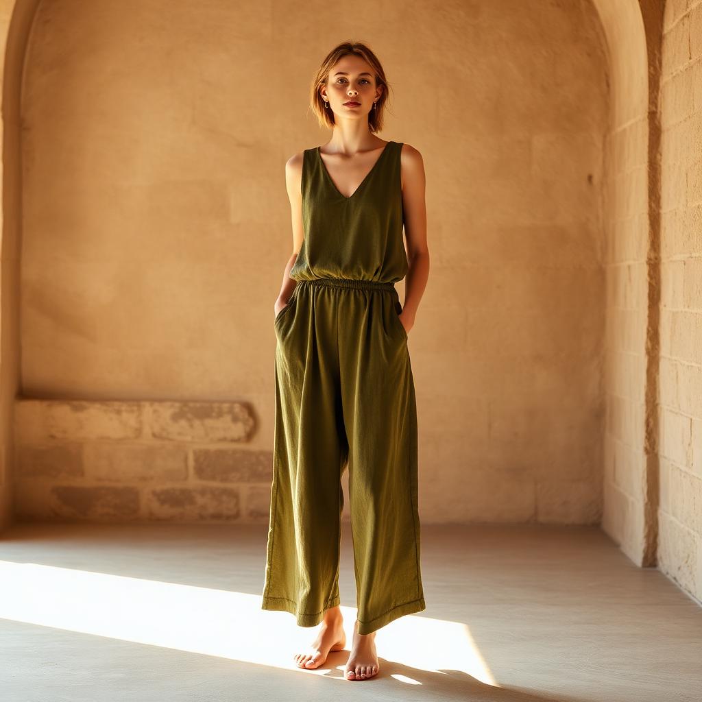 Deep olive linen yoga jumpsuit