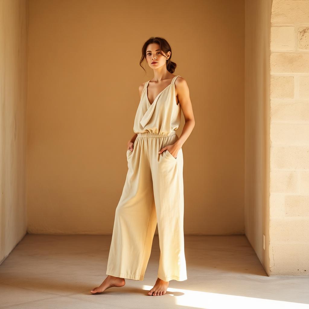 Sand beige linen yoga jumpsuit