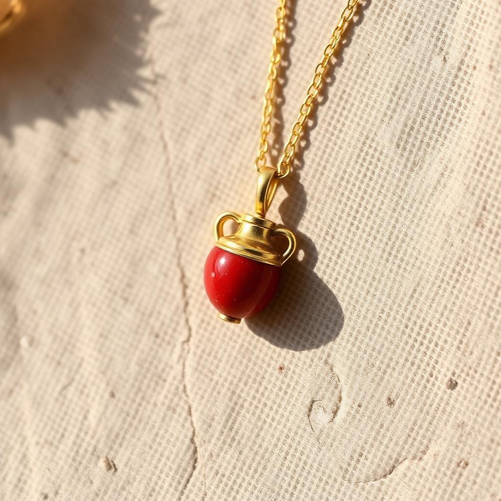 Gold amphora necklace with red coral stone