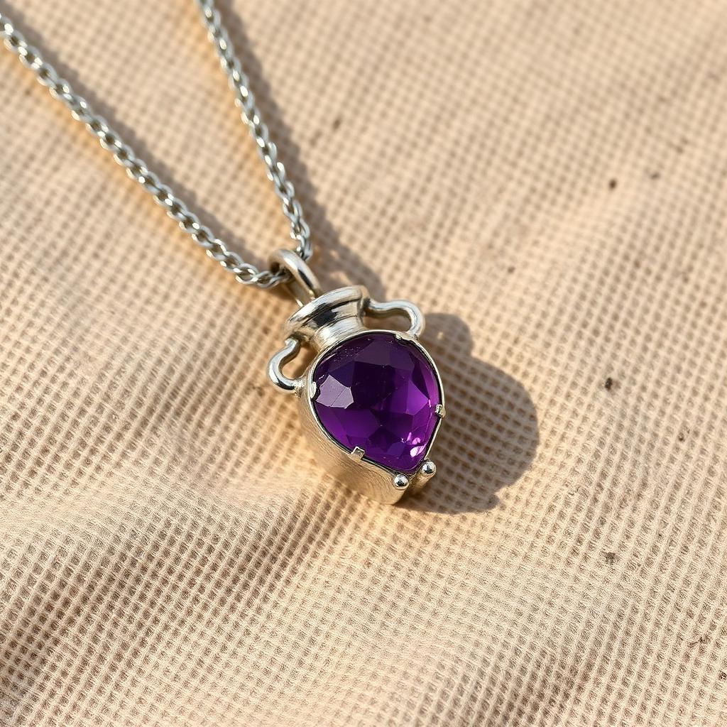 Silver amphora necklace with purple amethyst stone