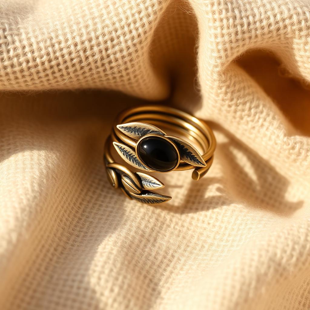 Bronze olive leaf ring set with black onyx stone