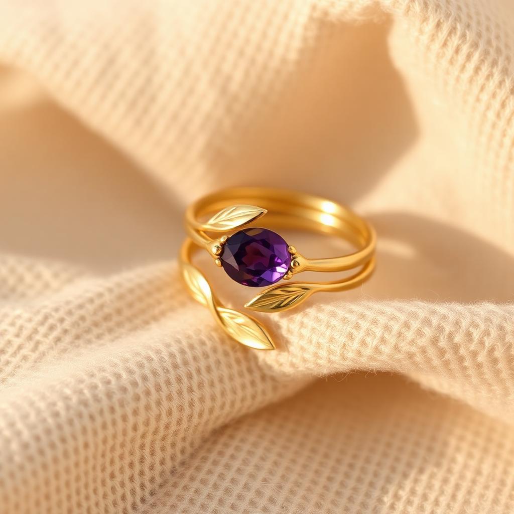 Gold olive leaf ring set with purple amethyst stone