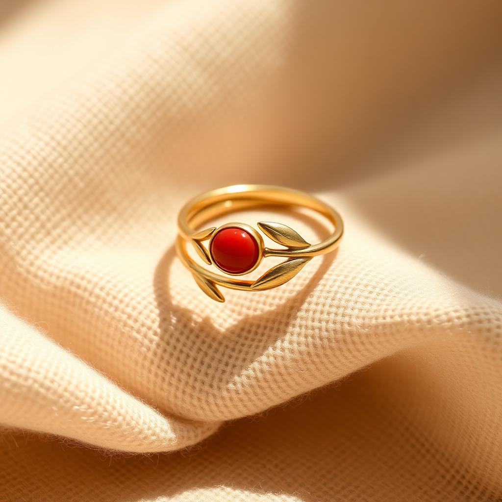 Gold olive leaf ring set with coral stone