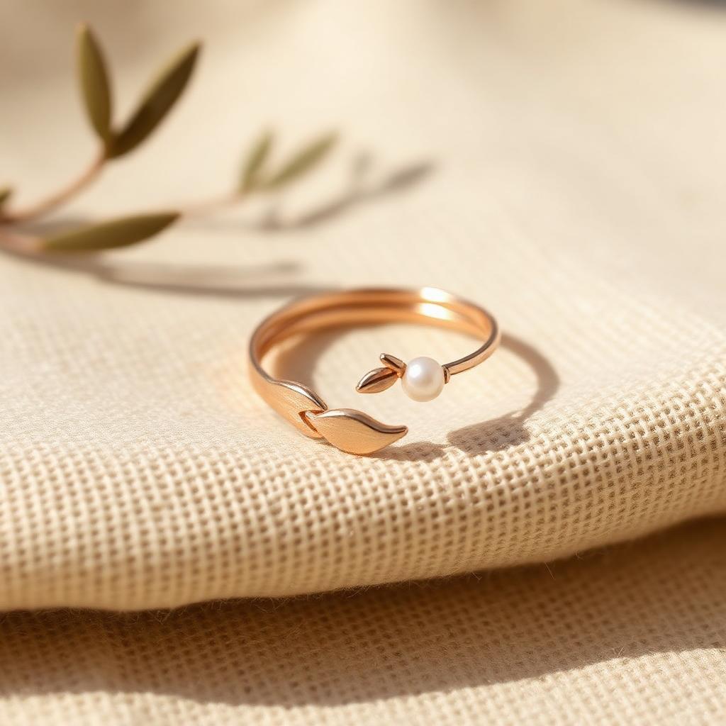 Rose gold olive leaf ring set with pearl