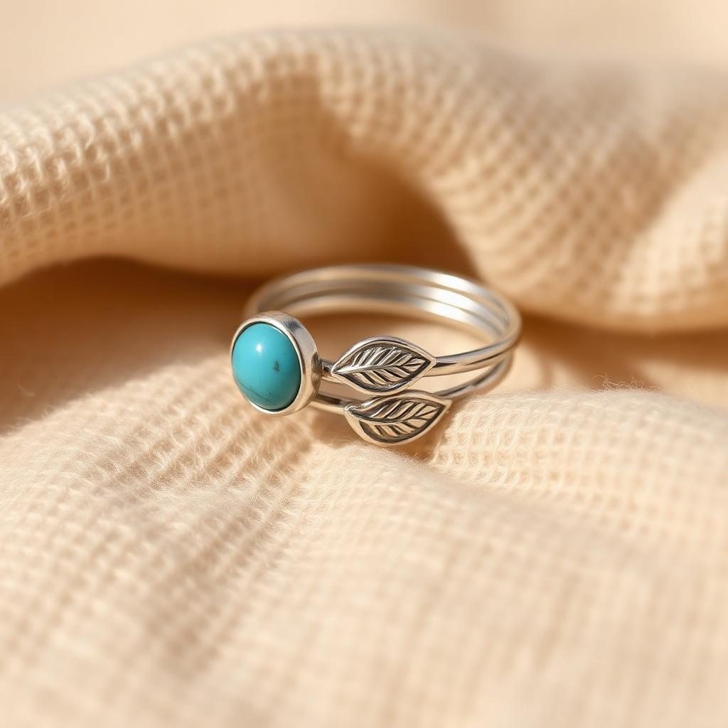 Silver olive leaf ring set with turquoise stone