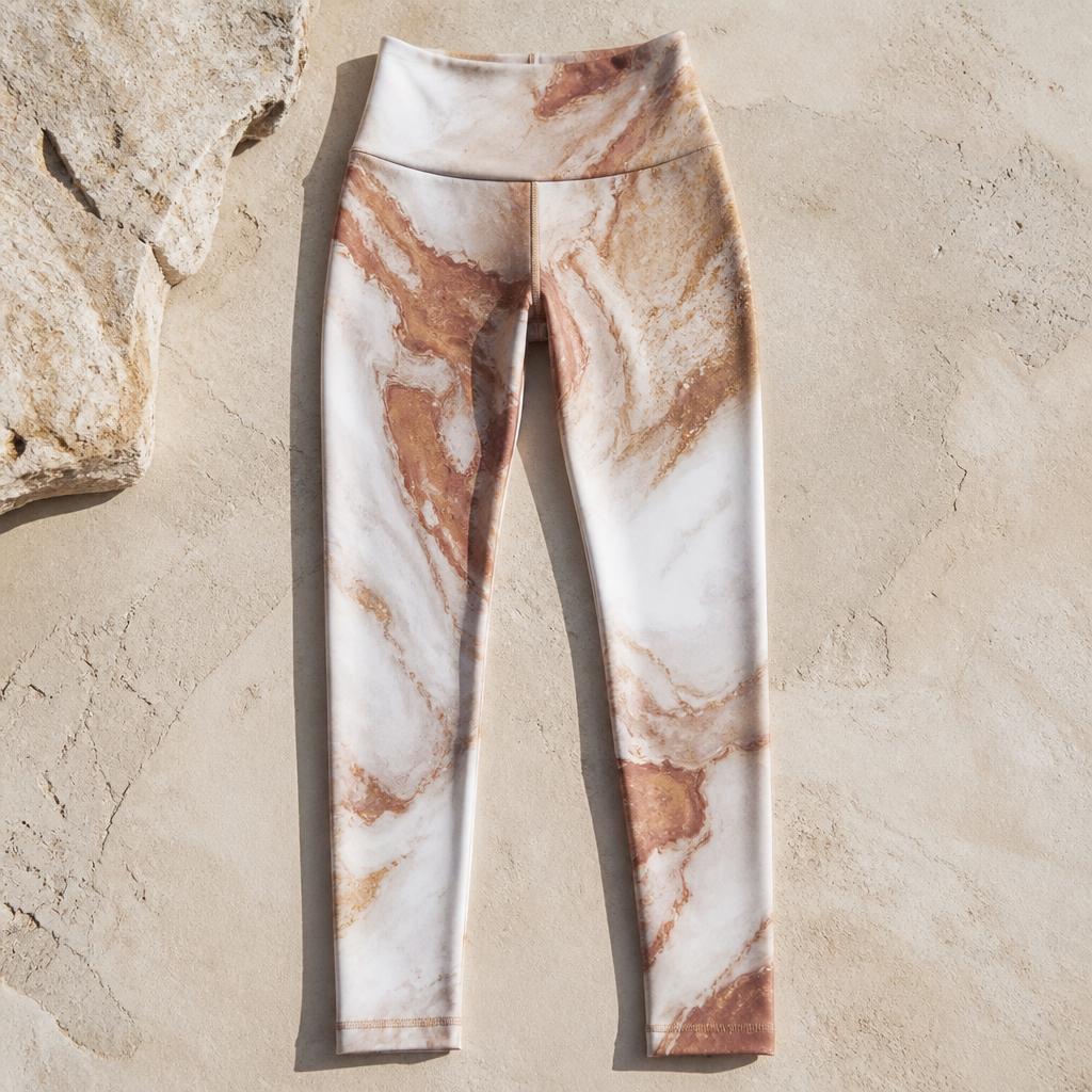 Marble-print yoga tights in chalk, bronze and clay tones, flat lay on limestone