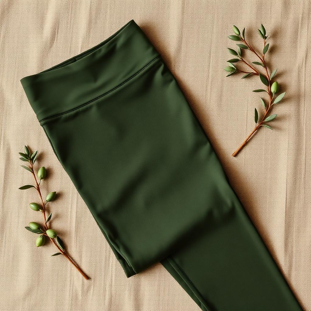 Deep olive high-waisted yoga tights, flat lay
