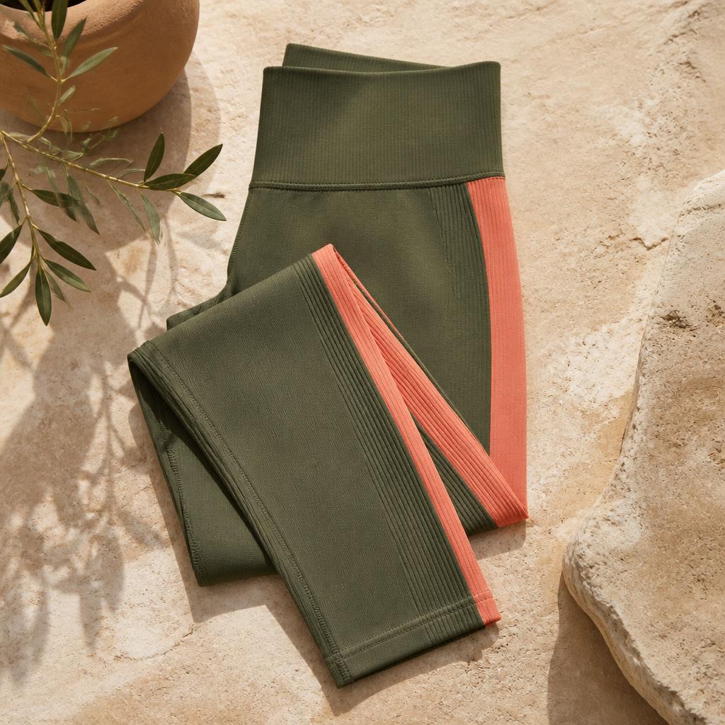 Olive green ribbed yoga tights with coral side panels, flat lay on stone