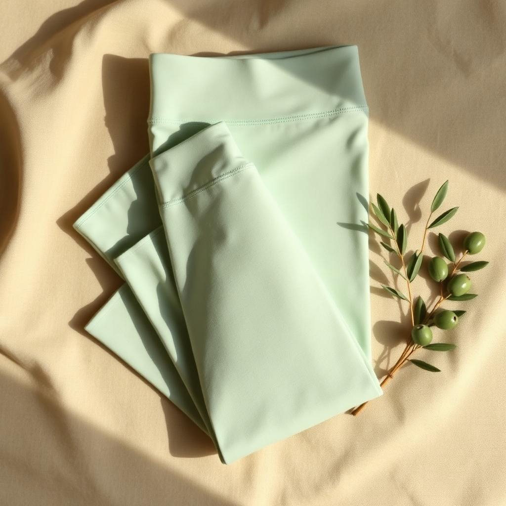 Pale sage high-waisted yoga tights, flat lay