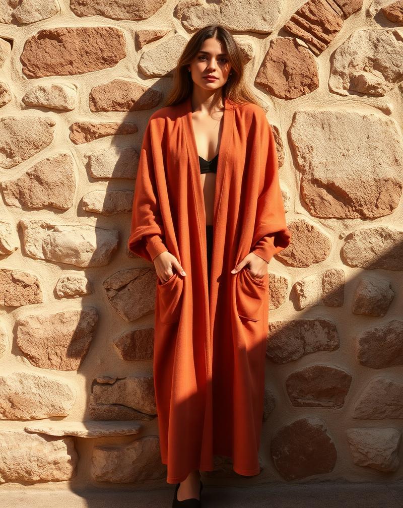 Terracotta linen cardigan draped on a weathered stone wall