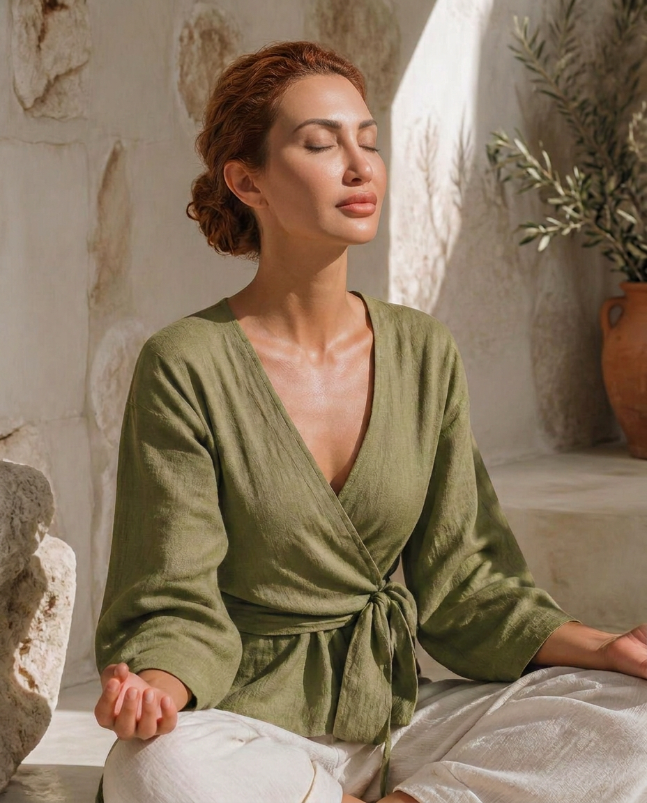 Woman in olive green linen wrap top meditating in a sunbeam
