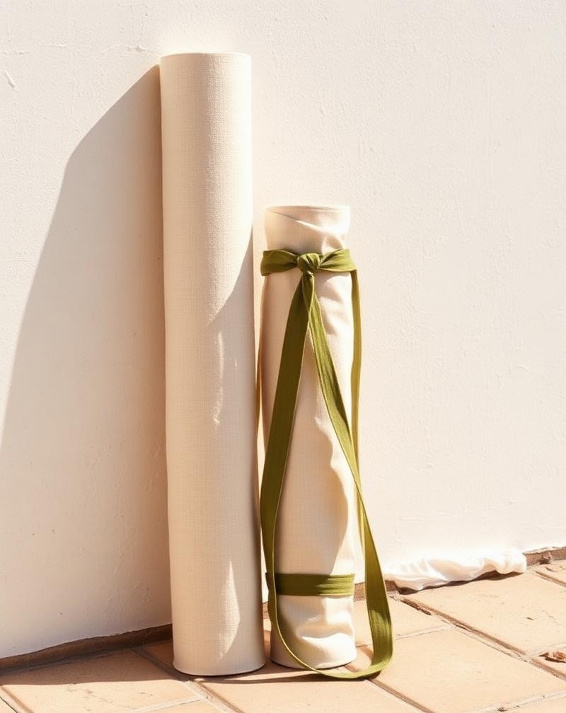 Rolled natural cotton yoga mat with olive-green strap against whitewashed wall