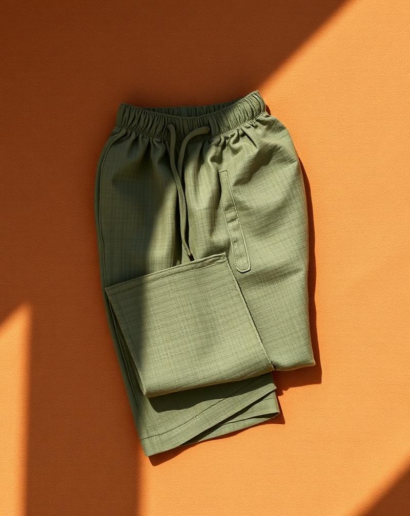 Folded olive green linen wide-leg trousers on terracotta surface